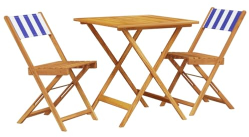 vidaXL Bistro Set 3-TLG., Balkonset mit Klappdesign, Sitzgruppe für Garten Terrasse Balkon, Gartenmöbel Gartengarnitur, Blau Weiß Stoff Massivholz