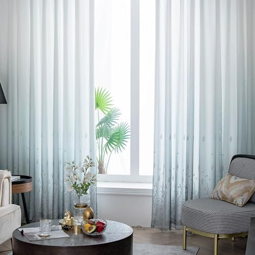 Beydodo Vorhänge Halbtransparent mit Schlaufen, Gardinenschals 2er Set Hellblau 96x115CM Stickerei mit Zweige Motiv Lichtdurchlässige Gardinen Schiebevorhänge für Wohnzimmer Schlafzimmer Küche