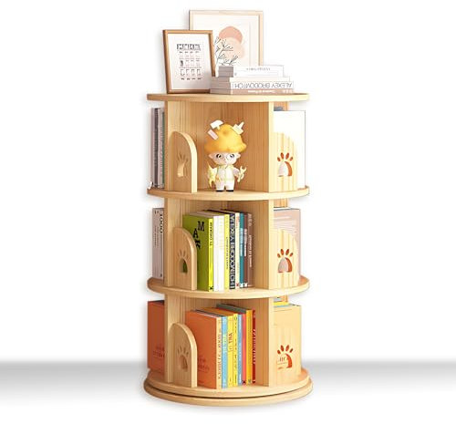 360° Massivholz Drehbares Bücherregal, Boden Stehregale Mit Leitwand, Multifunktionales Lagerregal Für Kinder Und Erwachsene, Aufbewahrungs-Display, B, 3 Tier