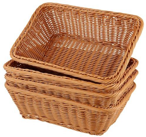 FUNSUEI 4 Cestas de Pan de Plástico de 30 x 20 x 10 cm, Cestas Rectangulares de Ratán de Plástico para Picnic, Pan, Frutas y Cocina, Color Marrón