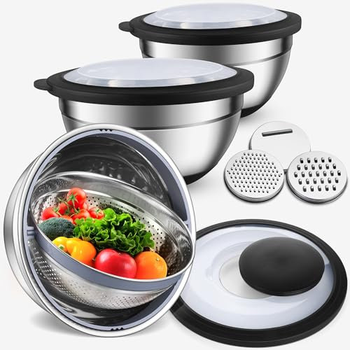 TeamFar Mixing Bowls with Colander Set, Stainless Steel Strainer and Nesting Salad Bowls, with Lids & 3 Graters, Non-Slip Bottom & Visible Lid, Rotatable & Dishwasher Safe, 4.6/3/1.5 QT, Black