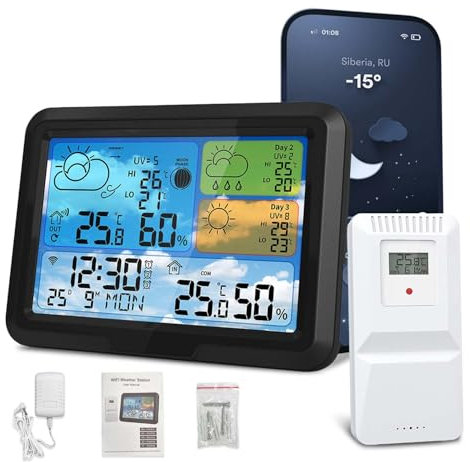 Geevorks Stazione Meteo con Sensore Esterno,Wi-Fi Digitale LCD Wireless a Color Display Portata di trasmissione 150 m,Sveglia,Fase Lunare,Previsioni Meteo,Retroilluminazione Regolabile