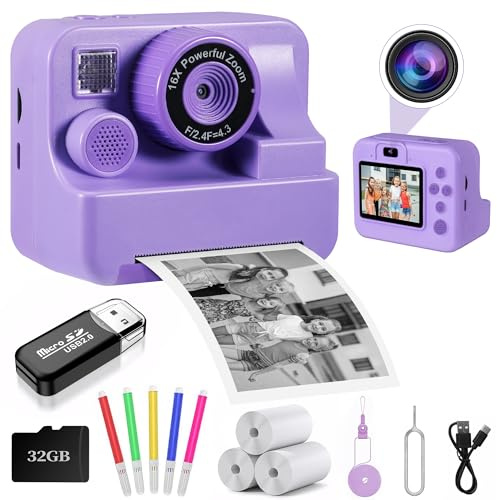 Appareil photo instantané pour enfants - Impression instantanée - Selfie - 2,4 - 1080P HD - Pour filles de 4, 5, 6, 7, 8, 9, 10 ans - Cadeau d'anniversaire avec 3 rouleaux de papier photo et carte de