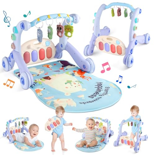 Baby Play Mat, Baby Piano Gym with Music and Lights, Baby Learning Walker, Funny Infant Sensory Toys Baby Activity Mat with 4 Animal Rattles for Newborn Baby 0-36 Months