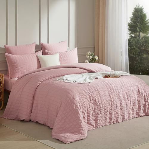 Luofanfei Copripiumino 140 x 200 cm, colore: Rosa Seersucker - Parure da letto in microfibra, tinta unita, copripiumino 140 x 200 cm, con cerniera e 1 x 65 x 65 cm, federa per cuscino