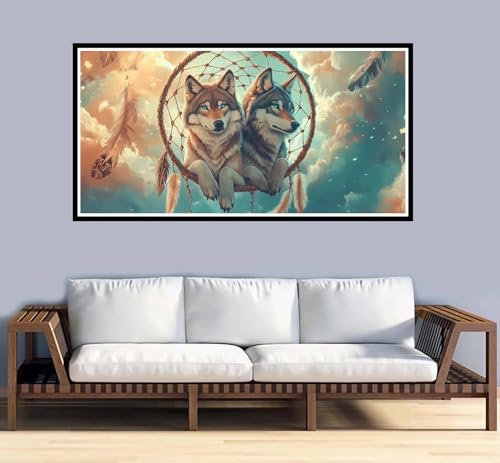 Malen Nach Zahlen Erwachsene groß 16x32 inch Malen Nach Zahlen Wolf, DIY Malen Nach Zahlen Traumfänger mit 3-Pinseln und Acrylfarben Ölgemälde Leinwand Bastelset, für Home Decor Frauen Geschenk-y1151