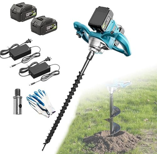 Ice Fishing Auger Electric,Brushless Cordless Earth Auger,Electric Post Hole Digger With Two batteries and two chargers,Forward & Reverse Direction,for Drilling & Post Hole Digging(40MM drill bit)