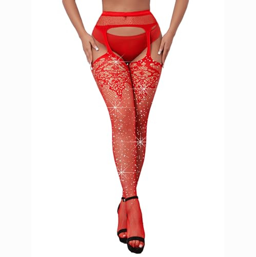 BrightGlow Damstrumpbyxor, strass, sexiga nätstrumpbyxor, glitter, strumpbyxor med strass, nätstrumpor med mönster, strumpbyxor, Ouvert, dam, nätstrumpbyxor för fester, röd, one size