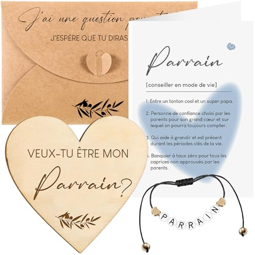 Namalu Annonce Parrain Veux Tu Etre Ma Parrain Cadeau | Demande Parrain Bracelet, Carte, Plaque en Bois en Forme de Coeur pour Homme