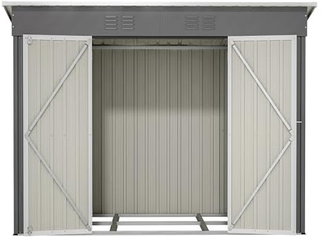 Abri de jardin en métal résistant aux intempéries, sans fondation, verrouillable, avec ventilation et toit incliné - Idéal pour jardin, terrasse, entrepôt extérieur (gris, 8x