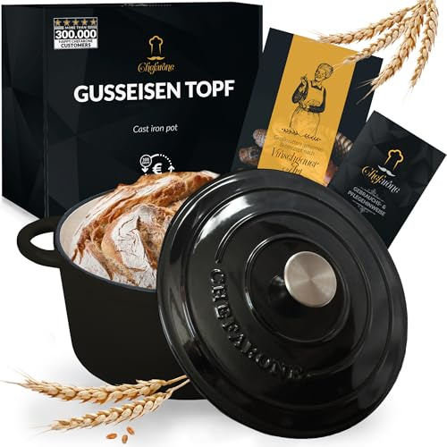 Chefarone Marmite à pain en fonte émaillée pour mijoter, cuire et rôtir – Marmite à pain avec couvercle à induction – Cocotte en fonte (Noir, 3,5 L)