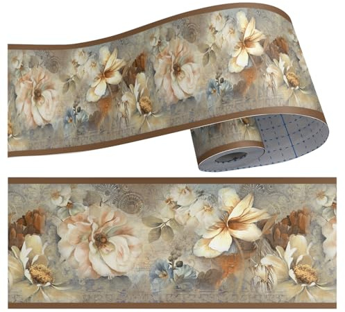 4x393 Boho Yellow Brown Floral Poppy Flower Wallpaper Border Peel and Stick Wall Border Self Adhesive Removable Vinyl Trim for Living Room Bedroom Bathroom Kitchen Cabinet Decoration