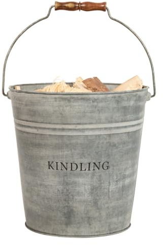 Vintage Style 17L Fireside Kindling Wood Hearth Stove Storage Bucket (Zinc) | Carrying Handle, Wood Finish Handle, Text Print Design, Recycled Metal, Galvanised Finish, Log Basket