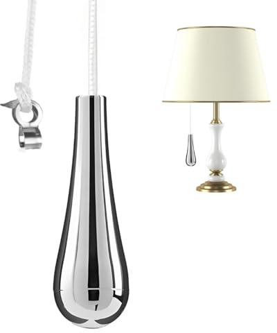 ROHMERIQUE 1 Pc Bathroom Pull Cord Handle, Teardrop Chrome Pull String Switch with 1.5m White Nylon Extension, Durable Waterproof Replacement Pull Cord for Ceiling Light, Fan, Bathroom and Toilet