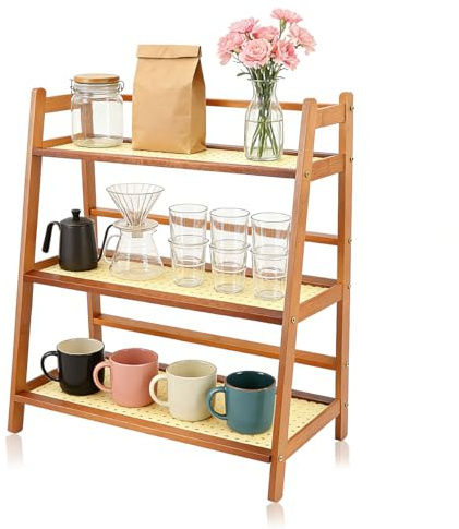 X-BLTU Tassenregal, Tassenhalter Für Kaffeetassen& Tassen, Rattangeflecht | Bambus, Stabiler 4-Füßiger Stehendes, 3 Optimierte Ebenen, Küchenregal Für Küche Esszimmer Kaffeebar Matcha Station
