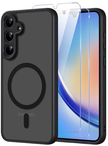 Pnakqil Magnetisch für Samsung Galaxy A34 5G Hülle für Magsafe,Matt Transluzente Handyhülle für Samsung Galaxy A34 5G mit 2 Panzer Schutz Glas,PC Härte Kratzfest Matte Dünn Magnetische Case,Schwarz