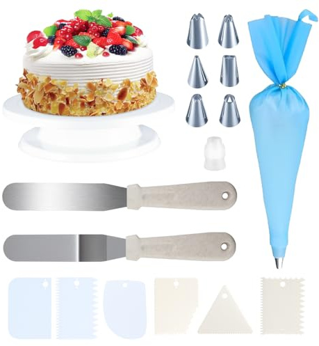 BieMian Juego de 16 platos giratorios para tartas con juego de herramientas, incluye espátula, manga pastelera y 6 puntas, plato giratorio apto para alimentos para decorar (26 cm de diámetro)