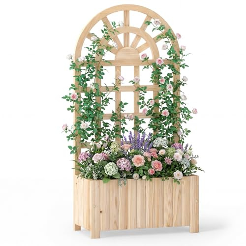 COSTWAY Jardinière en Bois avec Treillis, Lit de Jardin Surélevé avec Écran d'Intimité et Trous de Drainage, Bac à Fleurs d'Extérieur pour Plante Grimpante Fleurs Légumes, 61 x 30 x 121 cm (Naturel)