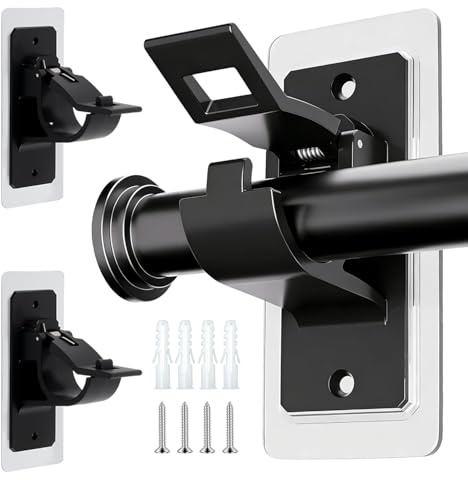 RunXinDa 2 Pack No Drill Curtain Rod Brackets, Self Adhesive Black PET Holders, Heavy Duty Stick on Wall Hooks for Towel Hanger, Bathroom, Kitchen, Living Room