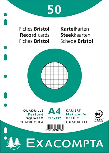 Exacompta - Ref 12606E - 50 perforerade 5x5 indexkort - filmförpackade - kompatibla med bläckstråleskrivare, laser och kopiatorer - storlek 210 x 297 mm - färg vit