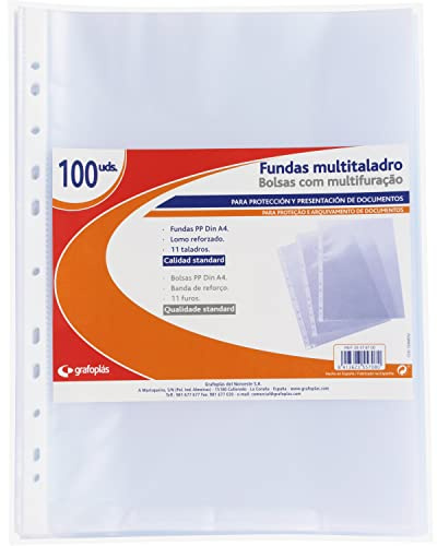 Grafoplas - Pack de 100 Fundas Multitaladro A4, Polipropileno Estándar, Color Transparente, Piel Naranja, Perfectas para Proteger Documentos de Papel