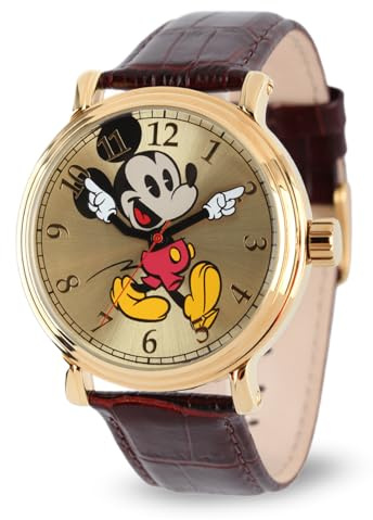 Disney Reloj de Mickey Mouse para Hombre con Correa Negra, Cuero marrón Oscuro, Mickey Vintage Watches 4 - Caja Dorada y Correa de Cuero marrón