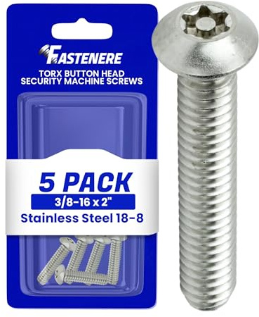 Fastenere Torx Security Machine Screws, 3/8-16 x 2 Stainless Steel, Tamper-Resistant Button Head Electrical Outlet Screws for Wall Plates, Panels, Fixtures, Covers & Metal Enclosures, (5 Pack)