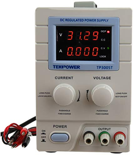 Tekpower TP3005T Fuente de alimentación Variable de CC Lineal, 0-30V @ 0-5A con Cables de Prueba de cocodrilo