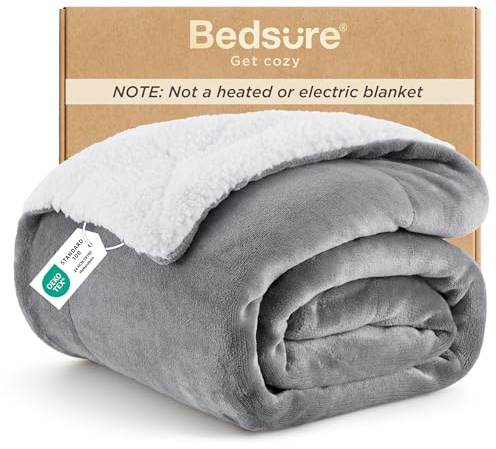 Bedsure GentleSoft Sherpa Fleece Throw Blanket for Couch, Non-Heated, Thick & Warm Cozy Blanket for Winter, Soft Fuzzy Plush Throw Gifts for Women and Men, Grey, 50x60 Inches