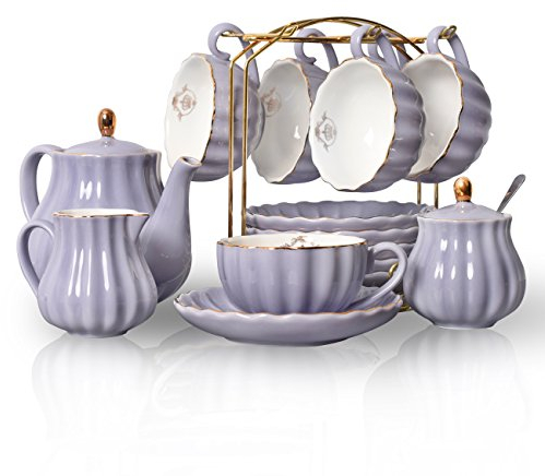 Sweejar Porcelain Tea Sets British Royal Series, 8 OZ Cups& Saucer Service for 6, with Teapot Sugar Bowl Cream Pitcher Teaspoons and Tea Strainer for Tea/Coffee, Pukka Home (Milk Purple)
