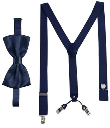 Massi Morino I Set Bretelle con Papillon Blu Scuro I Bretelle Elastiche a Y con Fermagli I Larghezza 3,5 cm I Lunghezza Regolabile I Papillon Preannodato