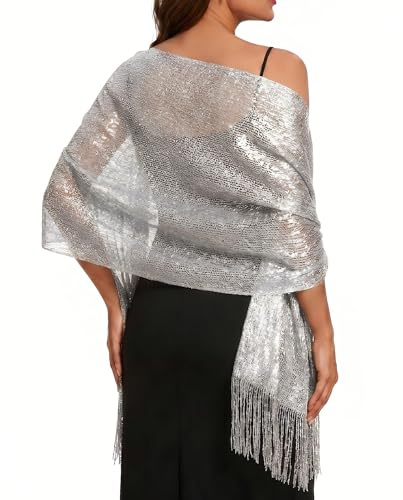 Rheane Châles métalliques étincelants avec boucle pour robes de soirée, fête de mariage, B. Argent/argent (avec boucle argentée), L