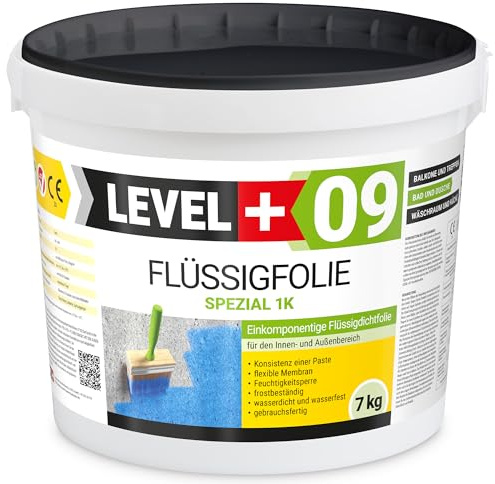 Level + 09 Flüssigfolie Spezial für Balkon, Terrasse, Bad & Dusche | Dichtfolie unter Fliesen auf Beton, Putz & Estrich – Flüssigabdichtung, Wasserdicht, Frostbeständig & Gebrauchsfertig – 7 kg