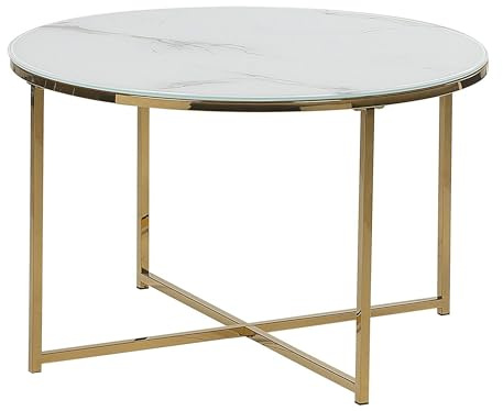 Table Basse Ronde 70 cm Effet Marbre en Verre et Métal Blanc et Doré Quincy