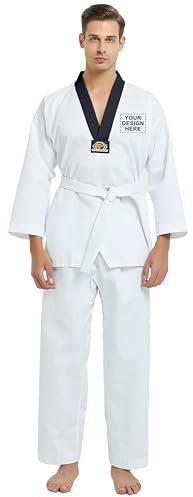 TOPTIE Customized Taekwondo Uniform for Kids Adults, TKD Dobok Uniform with Belt, Martial Arts Training Suit-black trim-Size 5