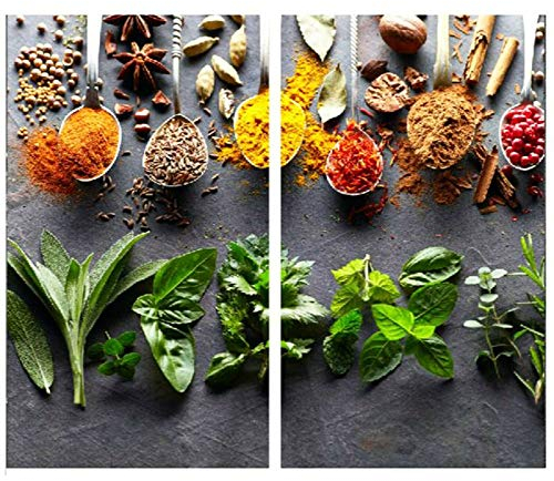 MTS Set of 2 Glass Chopping Boards - Spoons & Herbs Design - Non-Slip Feet, Compatible with All Hob Types, Heat Resistant – Beautiful Hob Covers, Glass Worktop Savers for Kitchen