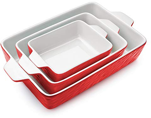 Krokori Casserole Dishes for Oven, Ceramic Baking Dishes, Lasagna Pan with Handles, Porcelain Baking Pan Deep, Bakeware for Baking, Cooking, Wedding Gift, Set of 3 (11.6 x 7.8, Red)