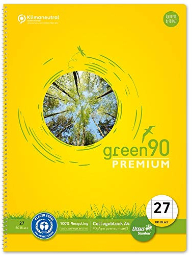 Staufen Green Collegeblock - DIN A4, Lineatur 27 (liniert mit Randlinien), 80 Blatt, 4-fach Lochung, premiumweißes 90g/m² Recyclingpapier, 1 Stück