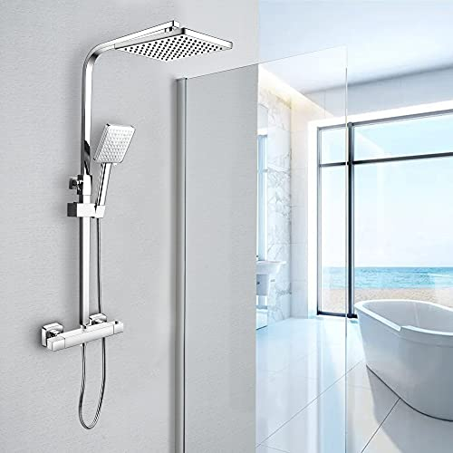 Ronvie Shower System Thermostatic Set, Chrome Shower Riser Rail with Adjustable Rainfall Shower, Scalding Protection Bath Tap, Anti-Kink Bath Hose (Square, Chrome)