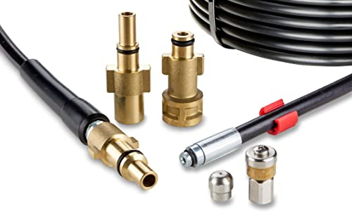 Tuyau Déboucheur Canalisation pour Nettoyeur Haute Pression 30m, 200 bar - Kit Furet compatible avec Bosch, Black+Decker, Nilfisk, Makita - avec Buse Fixe, Buse Rotative KNOFER