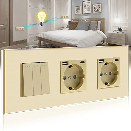 BSEED Lichtschalter mit Steckdose 3 Fach 2 Wege,Wandschalter mit 16A Schuko Steckdose mit Doppel USB Anschluss (Max. 2.1A) Typ C Port Gold,Physische Unterputz Wechselschalter mit Steckdose- 228mm
