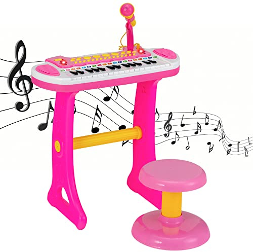 COSTWAY Tastiera Giocattolo a 31 Tasti, Pianoforte Digitale per Bambini, con Microfono Sgabello Luci, Funzioni di Record e Playback, Pianola Bambini con 22 Battiti/8 Toni/7 Ritmi, per 3+ Anni (Rosa)