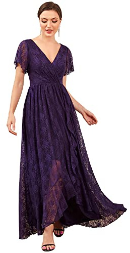 Ever-Pretty Robe Demoiselle d'honneur Femme Longue Asymétrique Dentelle Manches Courtes Col V Fluide Chic Violet Foncé 40