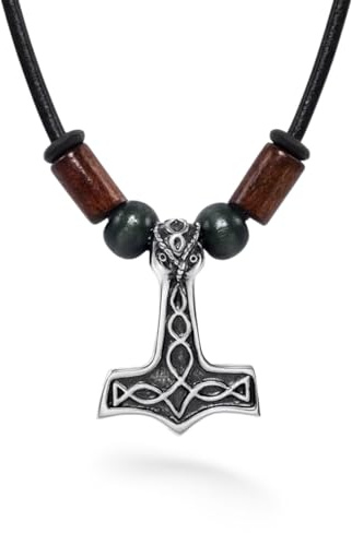 STERLL Herren Lederkette Mit Silbernem Wikinger Hammer Und Holzelementen