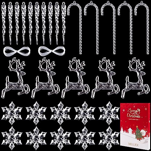MELLIEX 30 Pcs Acrylic Christmas Decorations, Clear Icicles Snowflake Christmas Ornaments, Crystal Christmas Tree Pendants With Line for Christmas Party Decorations
