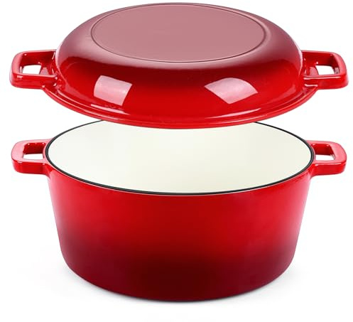 P&P CHEF Enameled Dutch Oven Pot for Bread Baking, 2 in 1 Round 5Qt Cast Iron Dutch Oven with Lid Set, Skillet & Pot for Roasting Braising Stewing Frying Simmering, Multi Stoves & Oven Safe, Red