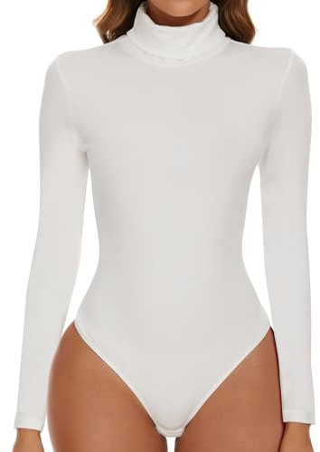SHAPERIN Body dam långärmad polotröja bodysuit topp tanga långärmad body topp undertröja bodies, Vit, S