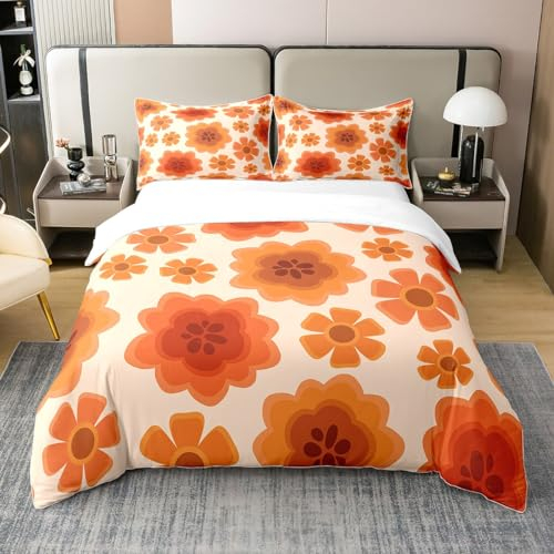 Orange Cartoon Daisy Tröster Abdeckung,70Er 80Er Jahre Groovy Blumen Bettwäsche Set 220x240,Vintage Hippie Blumen 100% Baumwolle Bettbezug,Rustikale Blühende Blumen Bett Sets mit 2 Kissenbezüge Weich