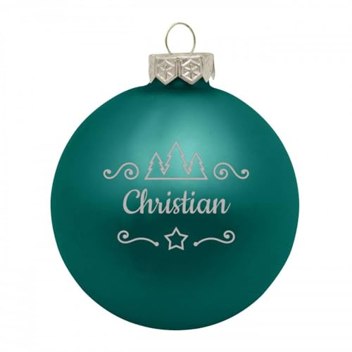 Deitert Weihnachtskugel mit Namen oder Wunschtext graviert, Ø 8cm, personalisierte Christbaumkugel aus Glas (matt), individueller Weihnachtsbaumschmuck mit Gravur, Tannen-Motiv, Petrol