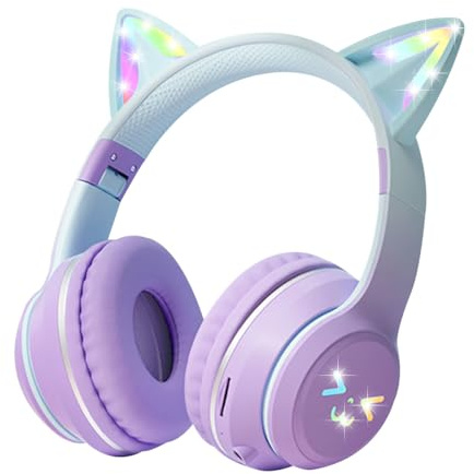 Casque pour Enfants,Casque Audio à Oreilles de Chat Bluetooth 5.1 Sans Fil et Filaires, Jolis Lumière LED RGB de Casque,Casques Pliables sur l'oreille pour Cadeaux/École/Tablette/Voyage (Violet)